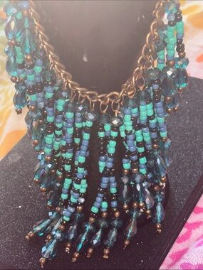 Vintage turquoise blue seed Beaded Fringe gold rope Statement Necklace